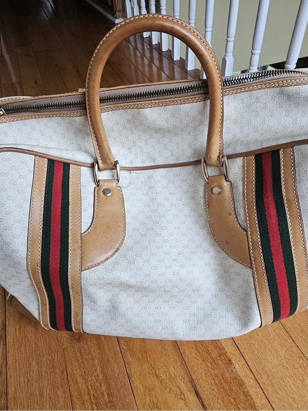 Classic Beige & Tan Weekend Duffel with Green-Red Stripe.beat offer